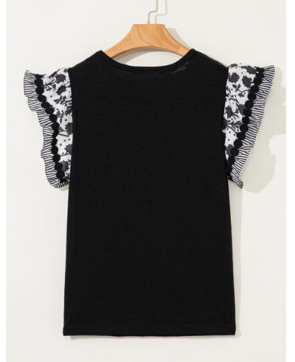 Black Ricrac Trim Printed Flutter Sleeve Contrast Patchwork Blouse