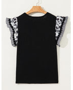 Black Ricrac Trim Printed Flutter Sleeve Contrast Patchwork Blouse
