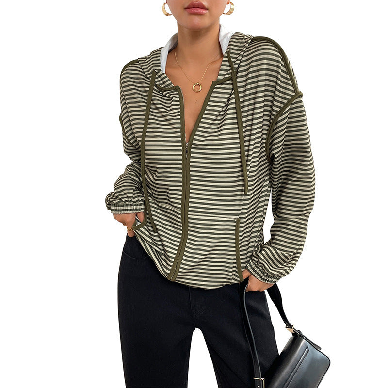 Idle Style Hooded Striped Women's Casual Jacket