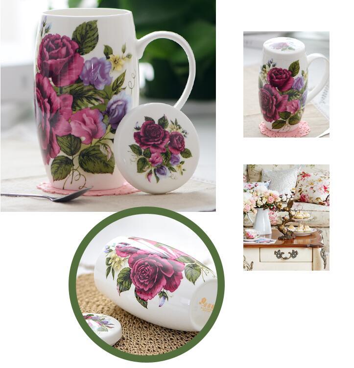Household Bone China Large Capacity Mug With Lid Spoon Cup