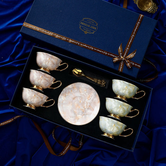 RICHARD'S High-grade Bone China Coffee Cup Set Exquisite Royal Vintage Design Handmade Ceramic Afternoon Tea Pack 6 Cups Saucers Spoons Gift Box Variety of Colors and Patterns Perfect for Vintage Decor and Gifts