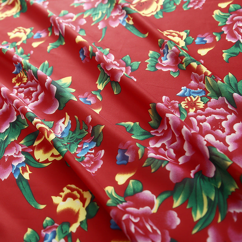 Red Chinese Style Gorgeous Flowers Print Polyester Chiffon Fabric