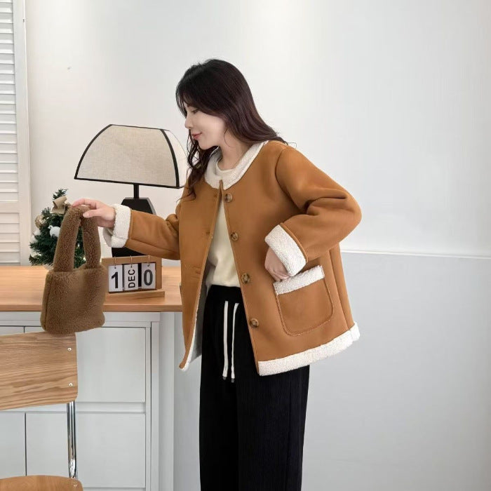 Lamb Wool Chanel Coat Women's Fleece Short Suede