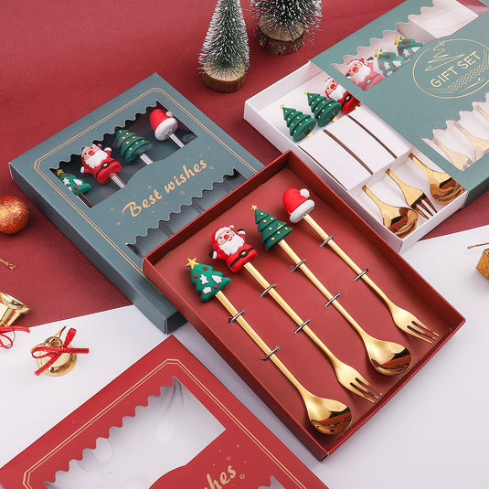 Christmas Golden Dessert Spoon Fruit Fork Set Victorian Royal Utensils 4 Pieces Pack