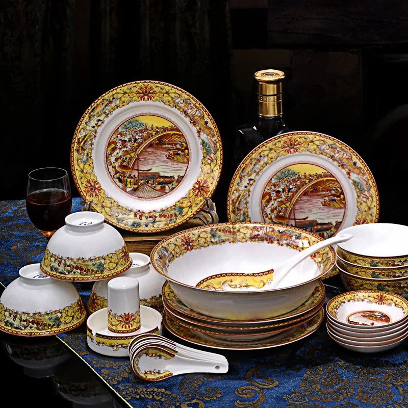 christmas Chinese bowl dishes set Jingdezhen Bone China dish glaze medium color 56 pieces  ceramic tableware moving gifts - Grand Goldman