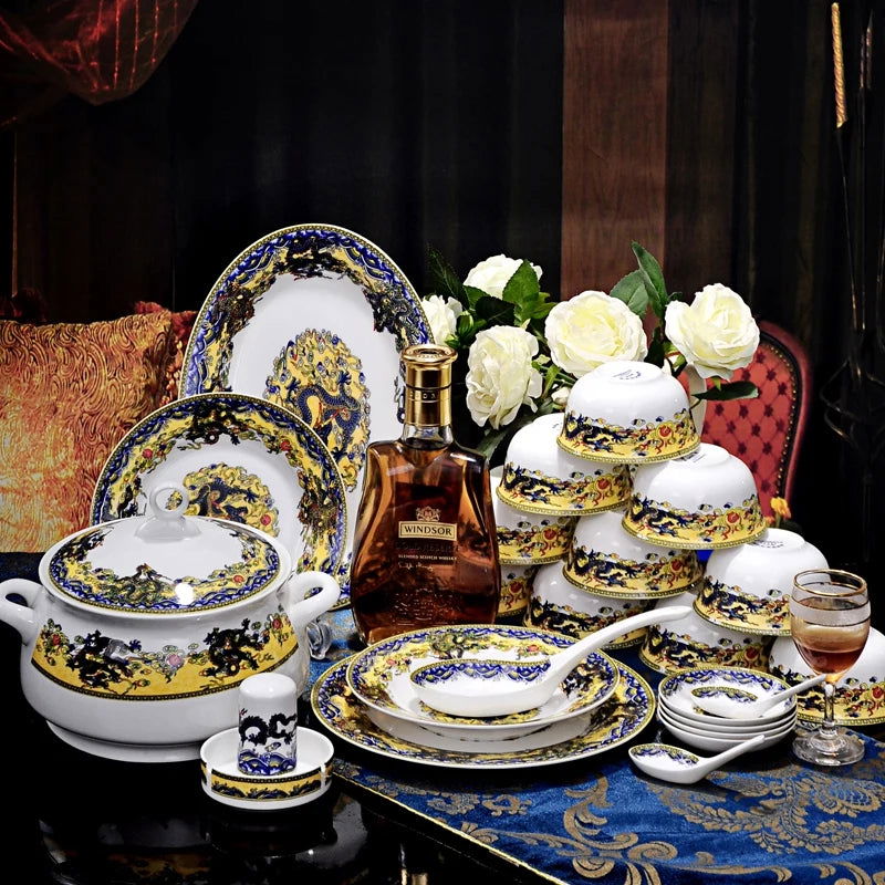 christmas Chinese bowl dishes set Jingdezhen Bone China dish glaze medium color 56 pieces  ceramic tableware moving gifts - Grand Goldman