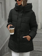 Casual Adjustable Waist Quilted Mid-Length Hooded Padded Padded Coat Clothes Winter For Women