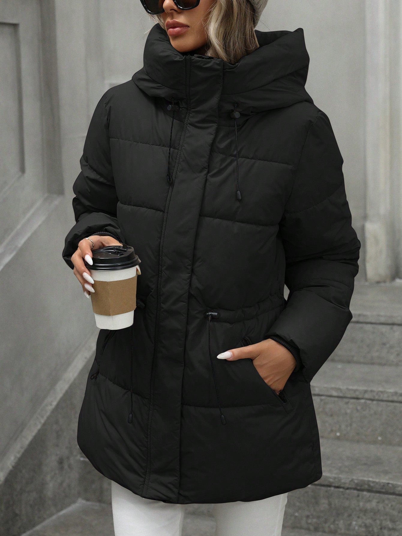Casual Adjustable Waist Quilted Mid-Length Hooded Padded Padded Coat Clothes Winter For Women