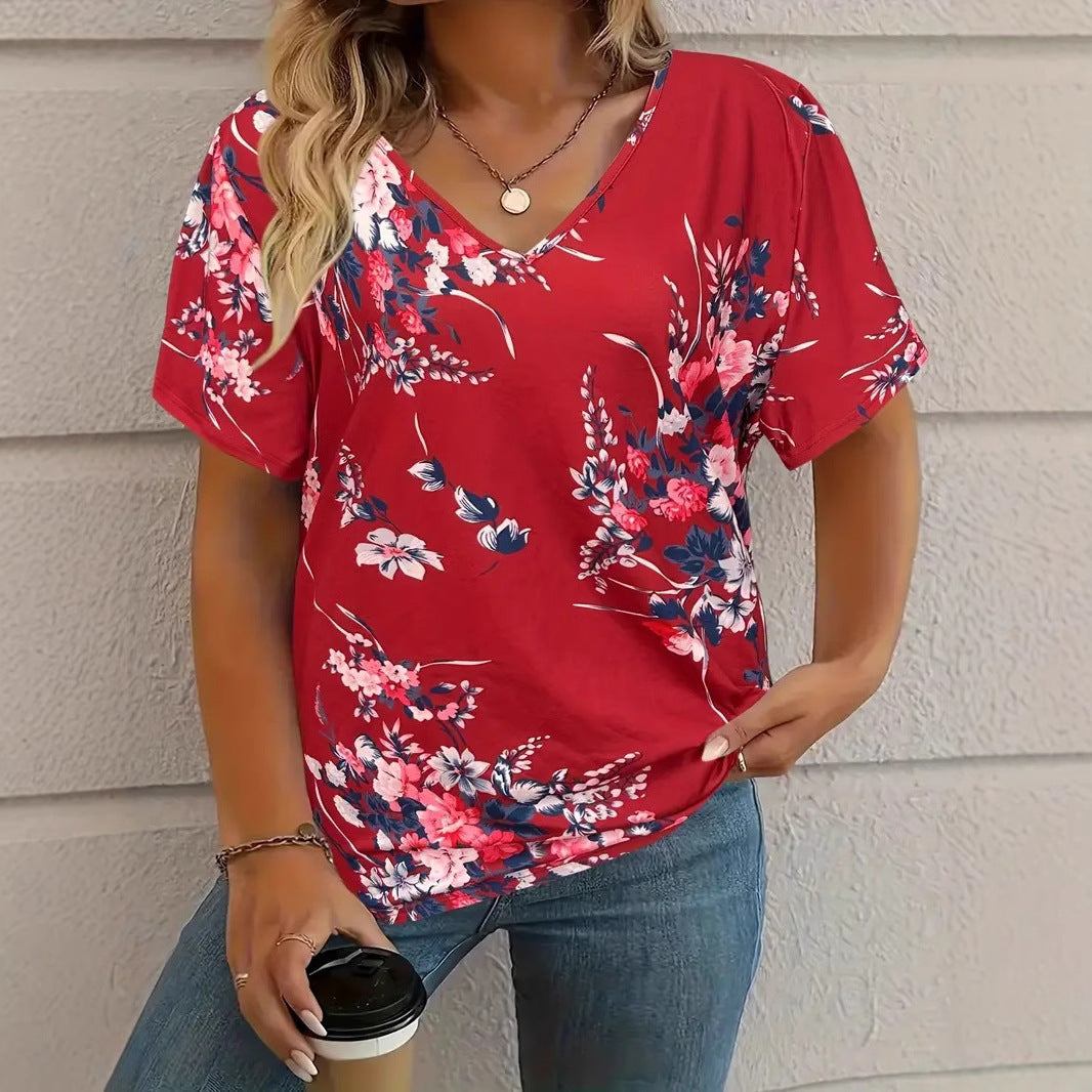 Fashion Comfortable Animal Plant Pattern Short Sleeve V-neck T-shirt