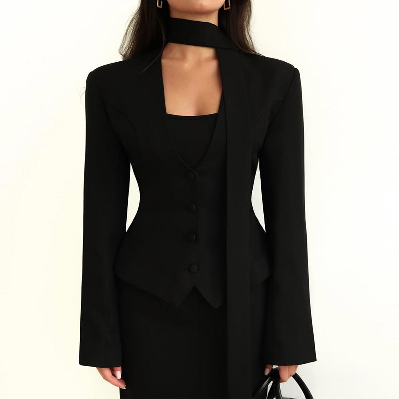 Solid Color And V-neck Scarf Decoration Long Sleeve Suit Coat