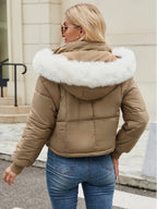 Women's Chic Mint Green Puffer Jacket With Faux Fur Trim Hood - Grand Goldman