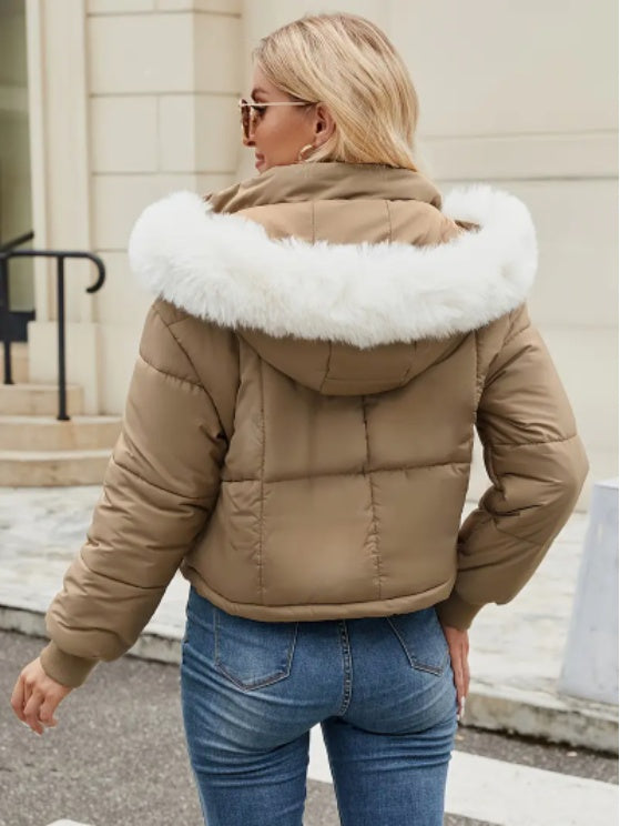 Women's Chic Mint Green Puffer Jacket With Faux Fur Trim Hood - Grand Goldman