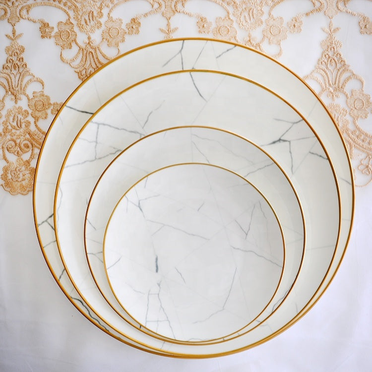 Nordic Minimalist Gold Edge Bone China Dinner Plate White Marble Pattern