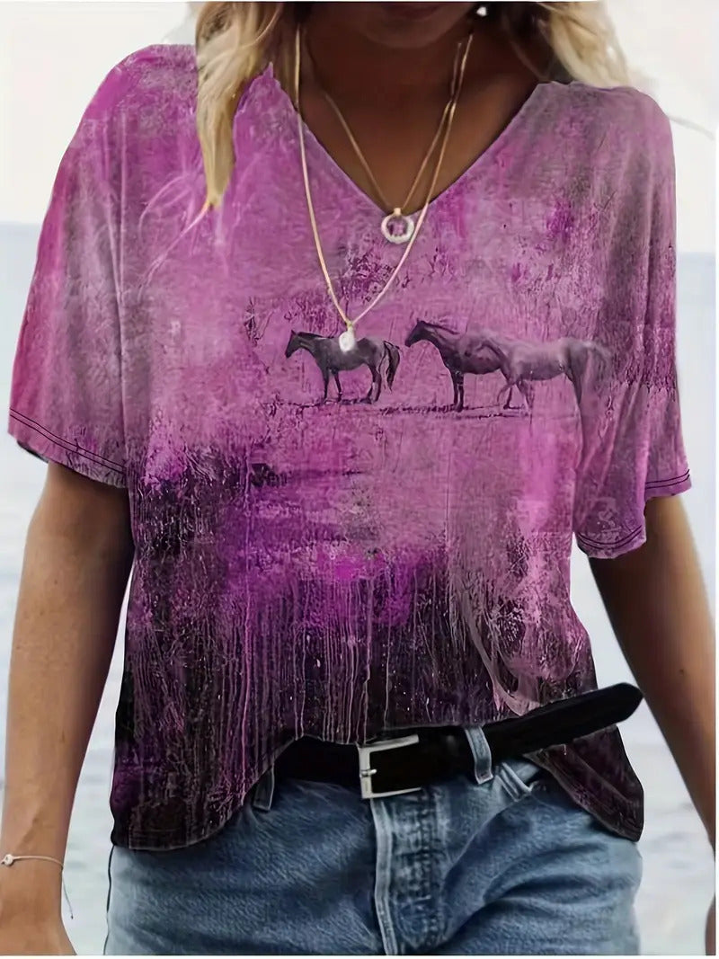 Fashion Comfortable Animal Plant Pattern Short Sleeve V-neck T-shirt
