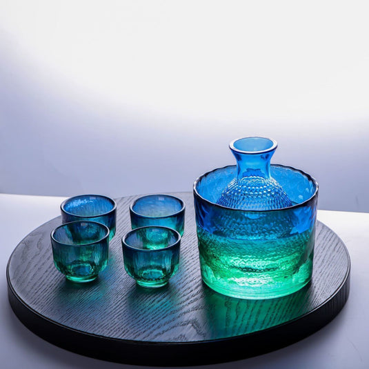 Japanese Style Blue Glass Wine & Tea Phnom Penh Pot Set Hammer Pattern