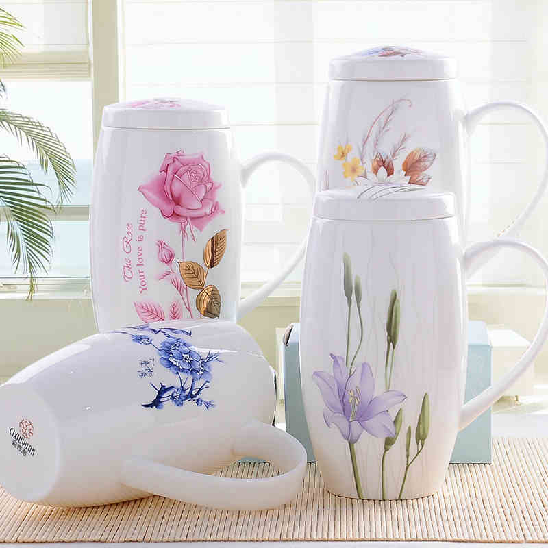Bone China Breakfast Household Ceramic Large-capacity Mug With Lid Spoon Porcelain Oversized Waist Drum Cup