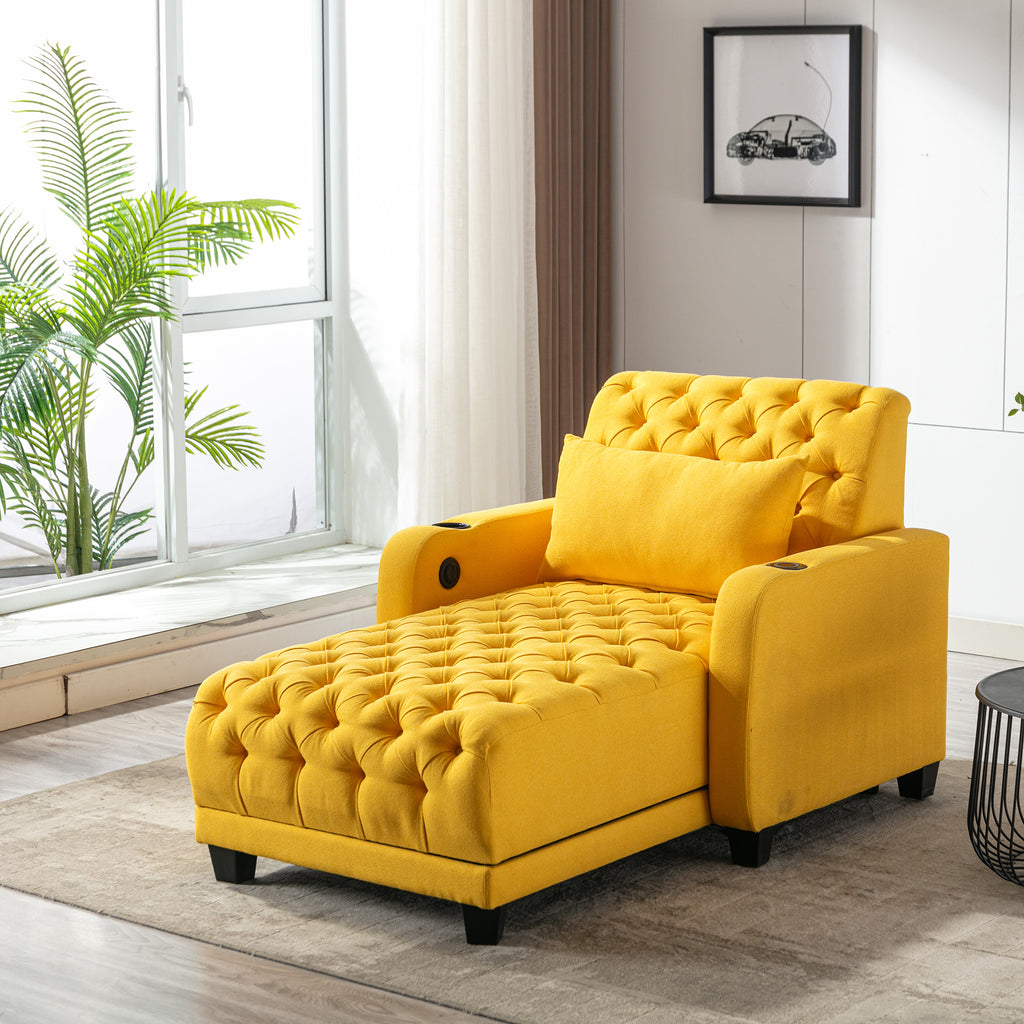 COOLMORE Chaise Longue de Loisirs Multifonctionnelle pour Salon Barry Capitonnée Fauteuil Confortable avec Charge Sans Fil, Dossier Inclinable Doux & Coussin Lombaire pour Maison Appartement (Lin Jaune)