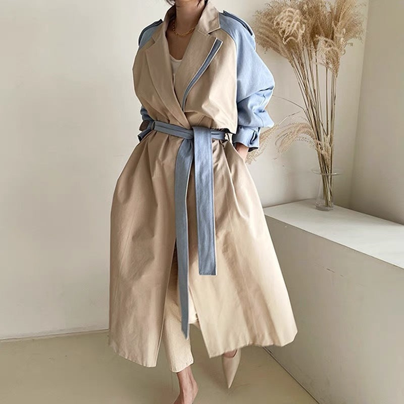 Retro Lapels Design Stitching Contrast Color Lace-up Waist Long Trench Coat Women