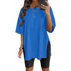 Women's Solid Color Split Short-sleeved T-shirt Round Neck Loose Top