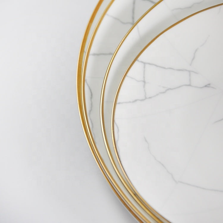 Nordic Minimalist Gold Edge Bone China Dinner Plate White Marble Pattern