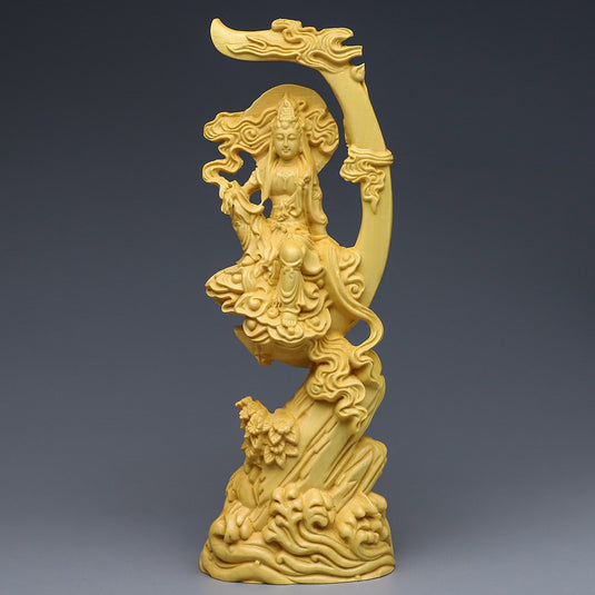 Boxwood Carving Sun And Moon Guanyin Buddha Statue Ornament