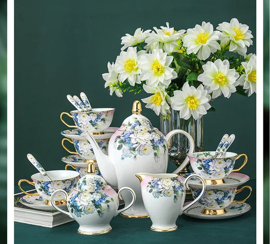 BLUE SPRING Elegant European Scented Tea Cup Set Bone China Vintage European Victorian Royal Style Hand Painted Blue Floral Afternoon Tea Coffee Cups and Saucers for Home Office Cafe Tea House 201-300ml
