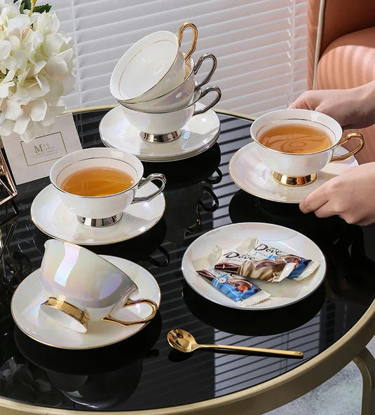 PEARL Elegant Exquisite Bone China Coffee Cups for Couples Golden Galaxy Tea Set Victorian Style 200ml Gray/Gold Handles Luxury Ceramic Coffee/Tea Mugs Saucers Gift Box Packaging for Special Occasions