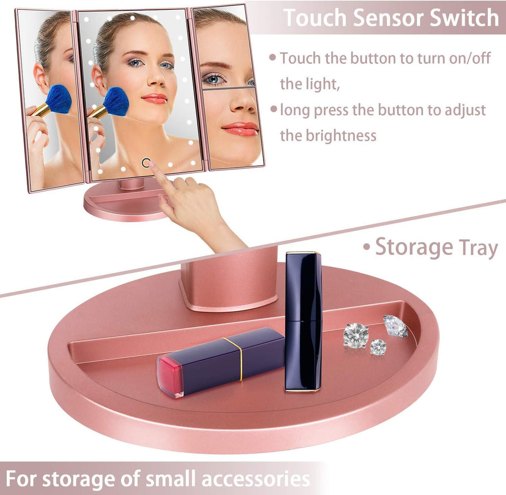 deweisn Dresser Mount Tri-Fold Lighted Vanity Mirror with 21 LED Lights, Touch Screen and 3X/2X/1X Magnification, Two Power Supply Modes Make Up Mirror,Travel Mirror - Grand Goldman