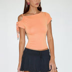 Irregular Strapless Lace-up Short Sleeve T-shirt Top