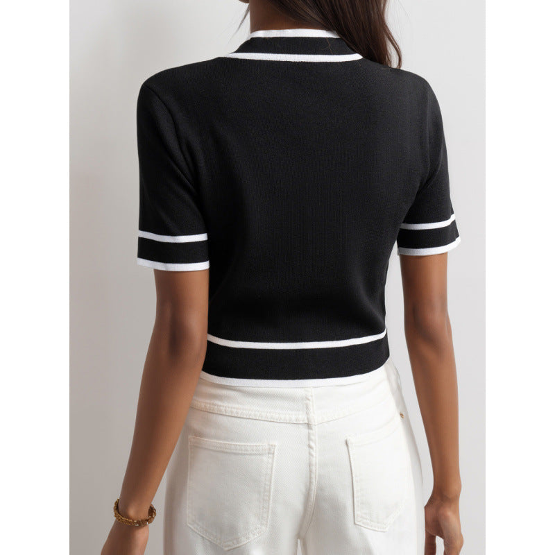 Black And White Temperament French V-neck Color Blocking