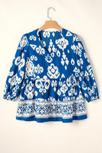 Blue Tribal Geometric Print Sleeve Flowy Fit Blouse