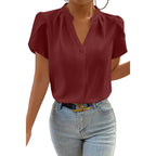 Solid Color Pullover V-neck Chiffon Shirt For Women