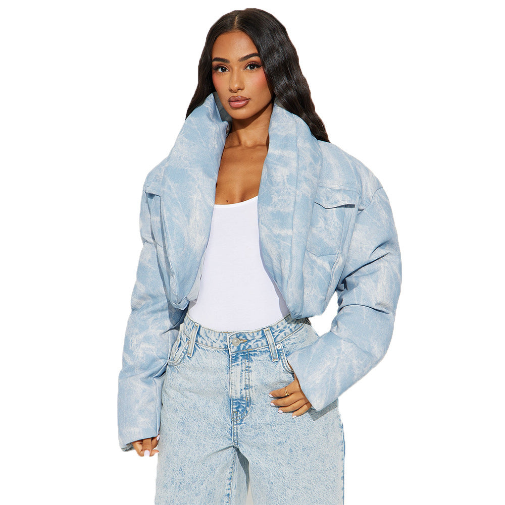 Quilted Scarf Stand Collar Pocket Long Sleeve Blooming Color Matching Short Cotton-padded Coat Coat For Women