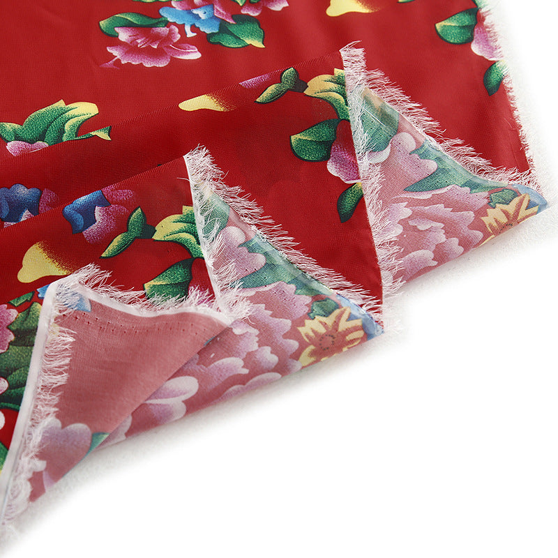 Red Chinese Style Gorgeous Flowers Print Polyester Chiffon Fabric