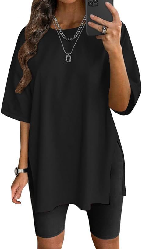 Women's Solid Color Split Short-sleeved T-shirt Round Neck Loose Top