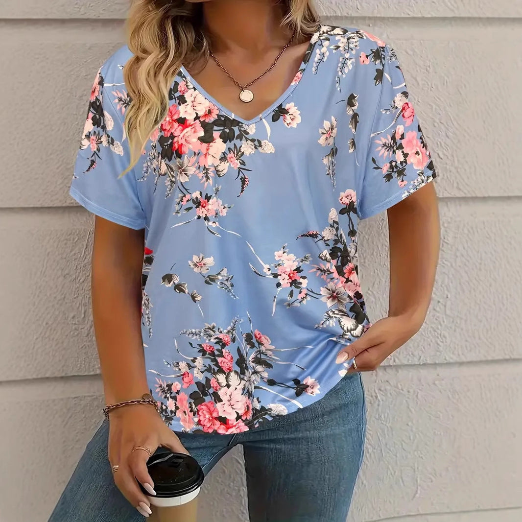 Fashion Comfortable Animal Plant Pattern Short Sleeve V-neck T-shirt