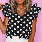 Black Polka Dot Print Ruffled Sleeve V Neck Blouse