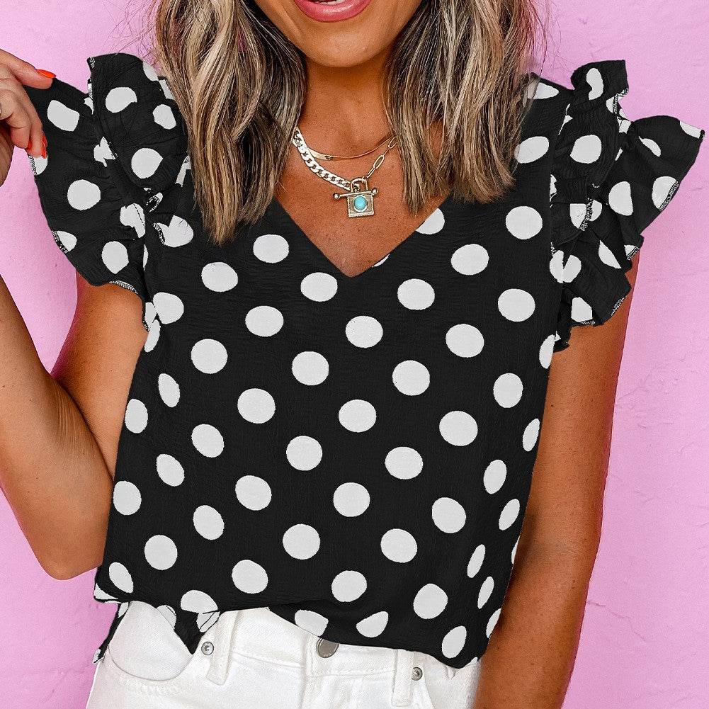 Black Polka Dot Print Ruffled Sleeve V Neck Blouse