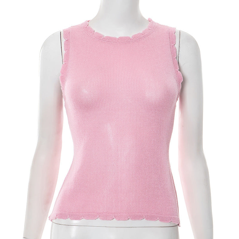 Round Neck Wide Shoulder Strap Bright Line Vest Top