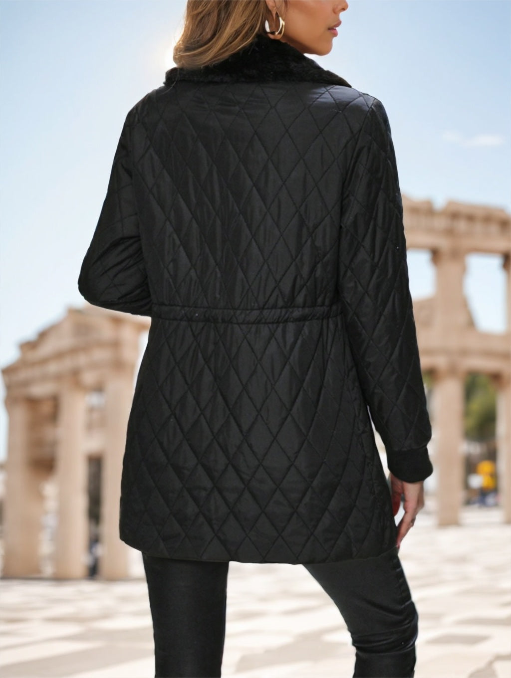 Casual Winter Clothes Contrast-Color Fur Collar Drawstring Waist Padded Padded Coat