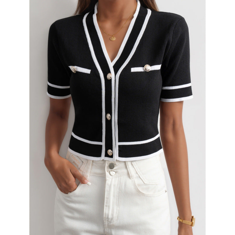 Black And White Temperament French V-neck Color Blocking