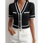 Black And White Temperament French V-neck Color Blocking