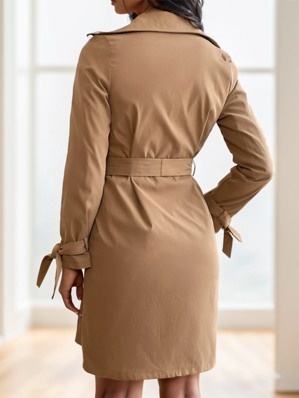 Women's Apricot Solid Color Lapel Neck Long-Sleeved Suspenders Double-Breasted - Grand Goldman