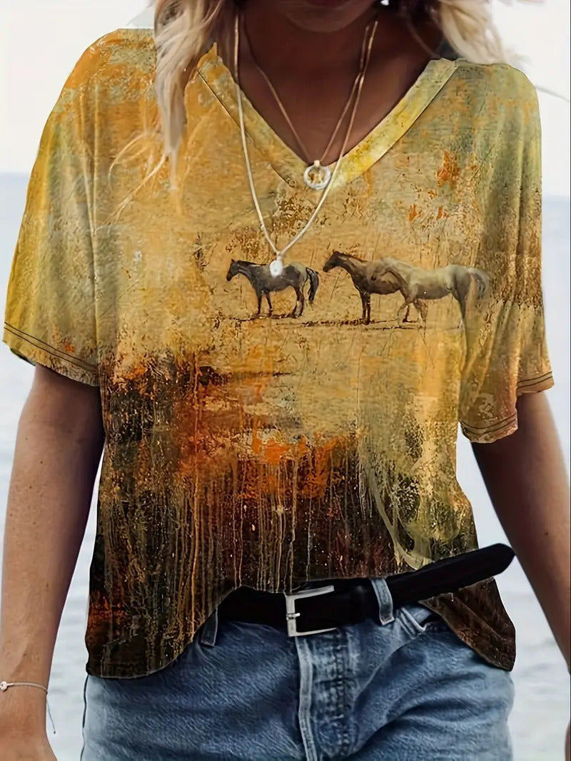 Fashion Comfortable Animal Plant Pattern Short Sleeve V-neck T-shirt