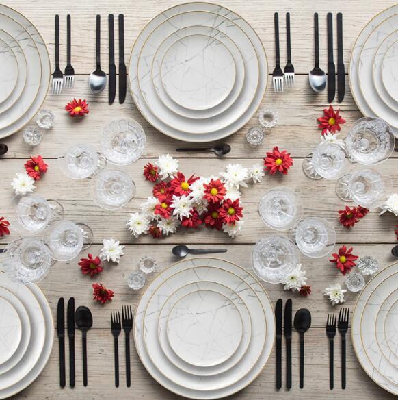 Nordic Minimalist Gold Edge Bone China Dinner Plate White Marble Pattern