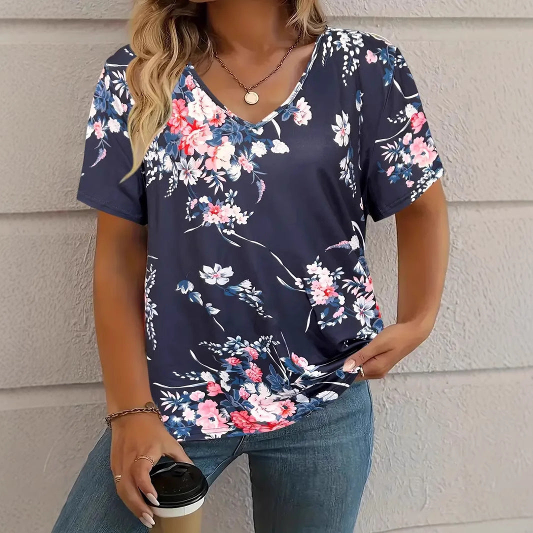 Fashion Comfortable Animal Plant Pattern Short Sleeve V-neck T-shirt