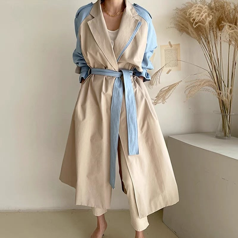 Retro Lapels Design Stitching Contrast Color Lace-up Waist Long Trench Coat Women