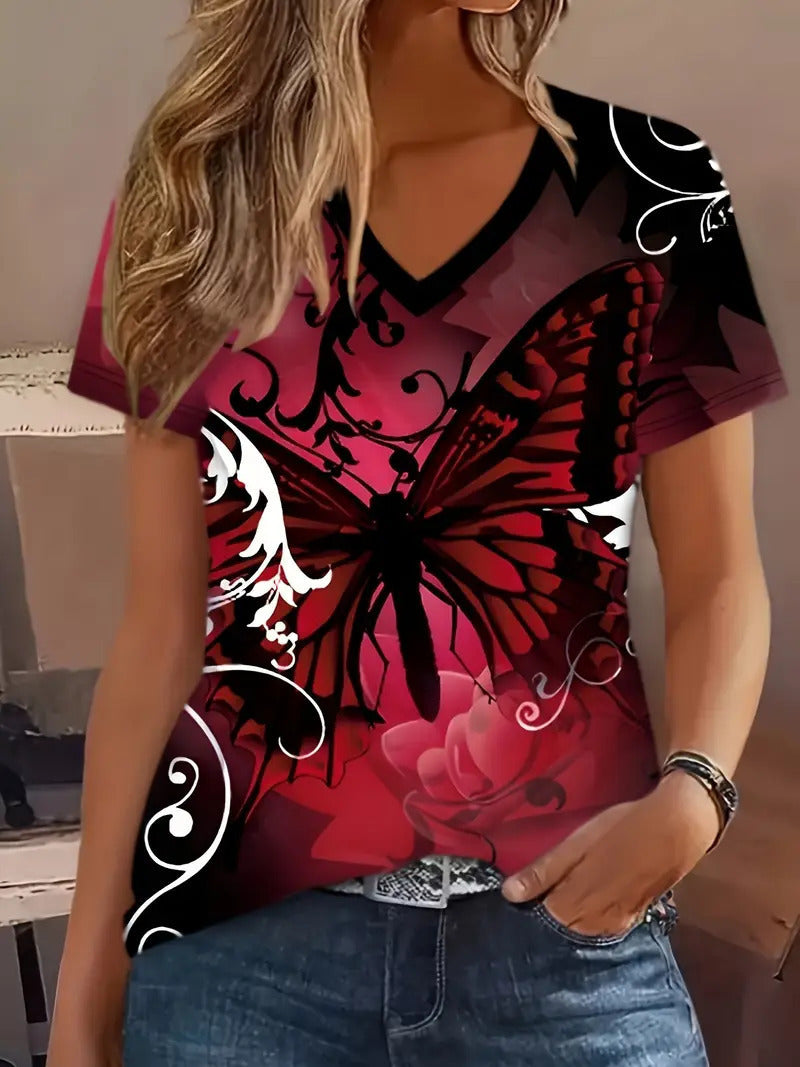 Fashion Comfortable Animal Plant Pattern Short Sleeve V-neck T-shirt