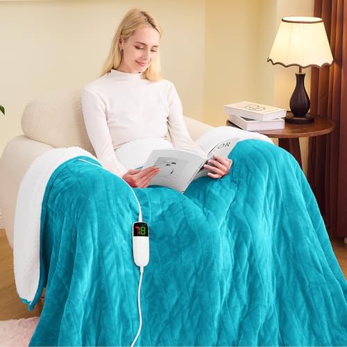 greenoak Heated Blanket Electric Throw 50"X60", Heating Blanket with 10 Heat Levels 1/2/4/6/8 Hours Auto-Off Overheat Protection, Flannel Sherpa Soft Warm Heater Blanket, ETL Certified Misty Grey - Grand Goldman