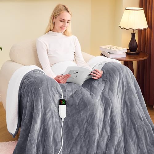 greenoak Heated Blanket Electric Throw 50"X60", Heating Blanket with 10 Heat Levels 1/2/4/6/8 Hours Auto-Off Overheat Protection, Flannel Sherpa Soft Warm Heater Blanket, ETL Certified Misty Grey - Grand Goldman